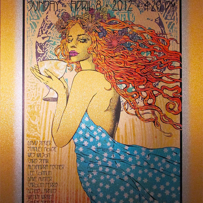 Art Nouveau-style poster by Chuck Sperry features a woman with flowing red hair and a blue starry wrap, holding a cocktail glass. The Gold Edition text showcases Moonalice and event details in decorative fonts set against intricate warm-hued patterns.