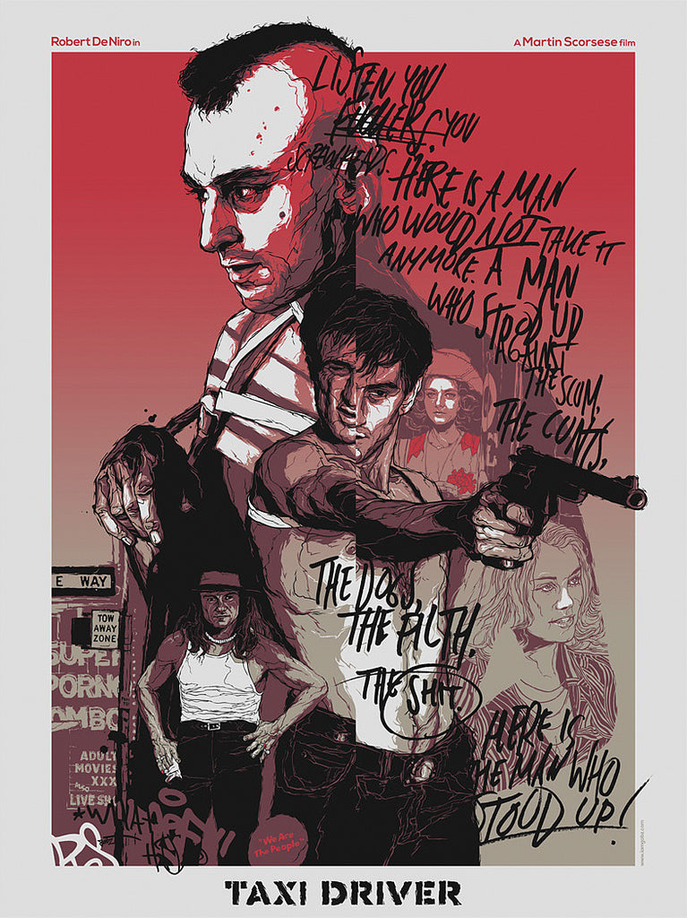 Stylized Grzegorz Domaradzki poster for Taxi Driver, featuring illustrated characters from the Scorsese art show. A man with a mohawk and another holding a gun are in the foreground. Handwritten red and black text covers this limited edition screen print, with the film title at the bottom.