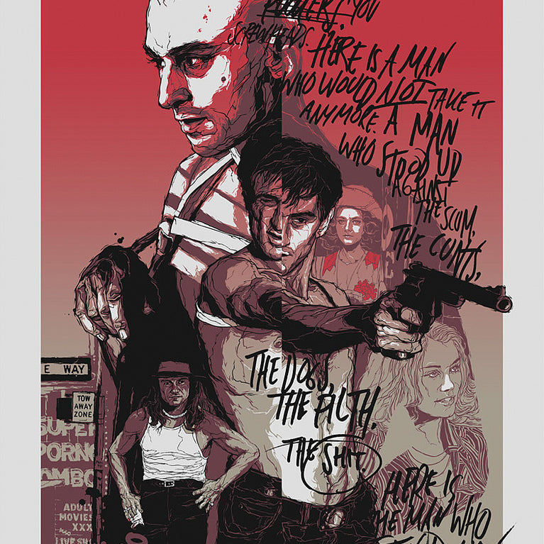 Stylized Grzegorz Domaradzki poster for Taxi Driver, featuring illustrated characters from the Scorsese art show. A man with a mohawk and another holding a gun are in the foreground. Handwritten red and black text covers this limited edition screen print, with the film title at the bottom.
