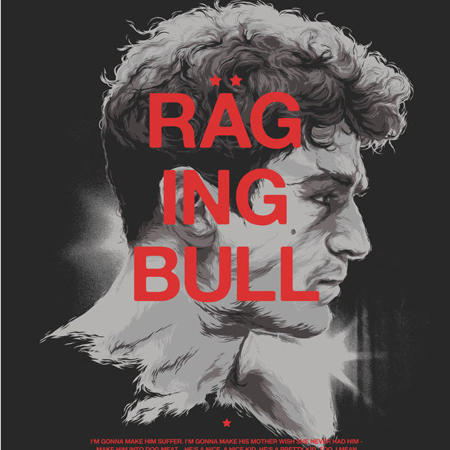 Limited edition movie poster for Raging Bull by Grzegorz Domaradzki features a grayscale screen print of a mans side profile, tousled hair against black. The title RAGING BULL slashes across in bold red letters.