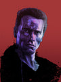 A digitally illustrated portrait by Grzegorz Domaradzki shows a serious man with short hair lit in blue and purple on a solid red background. The dramatic expression captured as a fine art giclee print on watercolor paper enhances its limited edition appeal.