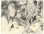 A surreal drawing by Reinier Gamboa in graphite on Moleskine showcases a woman with closed eyes, overlapping faces, a lion, and abstract patterns. Flowing hair and mythical elements blend to form an intricate dreamlike scene.