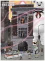 Max Daltons glow-in-the-dark giclee print illustrates a Ghostbusters scene with their headquarters centered, characters on different floors, and a giant marshmallow figure in the background. The top left displays 555-2368.
