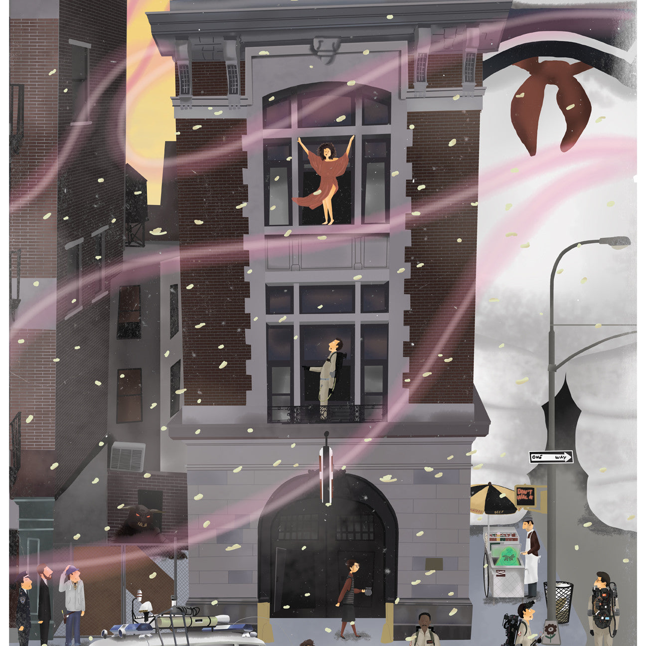 Max Daltons glow-in-the-dark giclee print illustrates a Ghostbusters scene with their headquarters centered, characters on different floors, and a giant marshmallow figure in the background. The top left displays 555-2368.