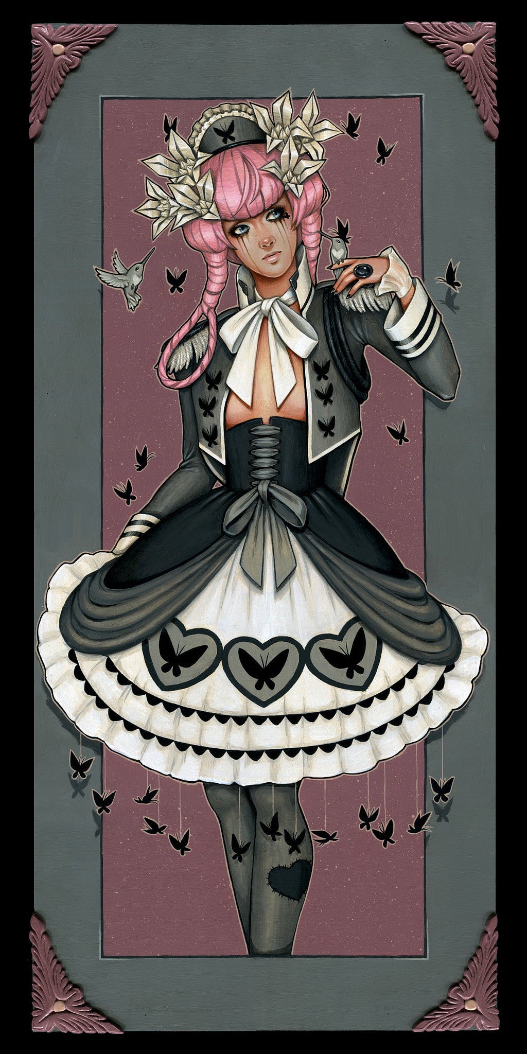 Inspired by Butterfly Lolita, a stylized illustration captures a woman with pink braided hair and a floral hat, dressed in a black and white dress adorned with hearts and butterflies. Surrounded by black butterflies against an ornate pink backdrop, it echoes Glenn Arthurs signature acrylic on panel style.