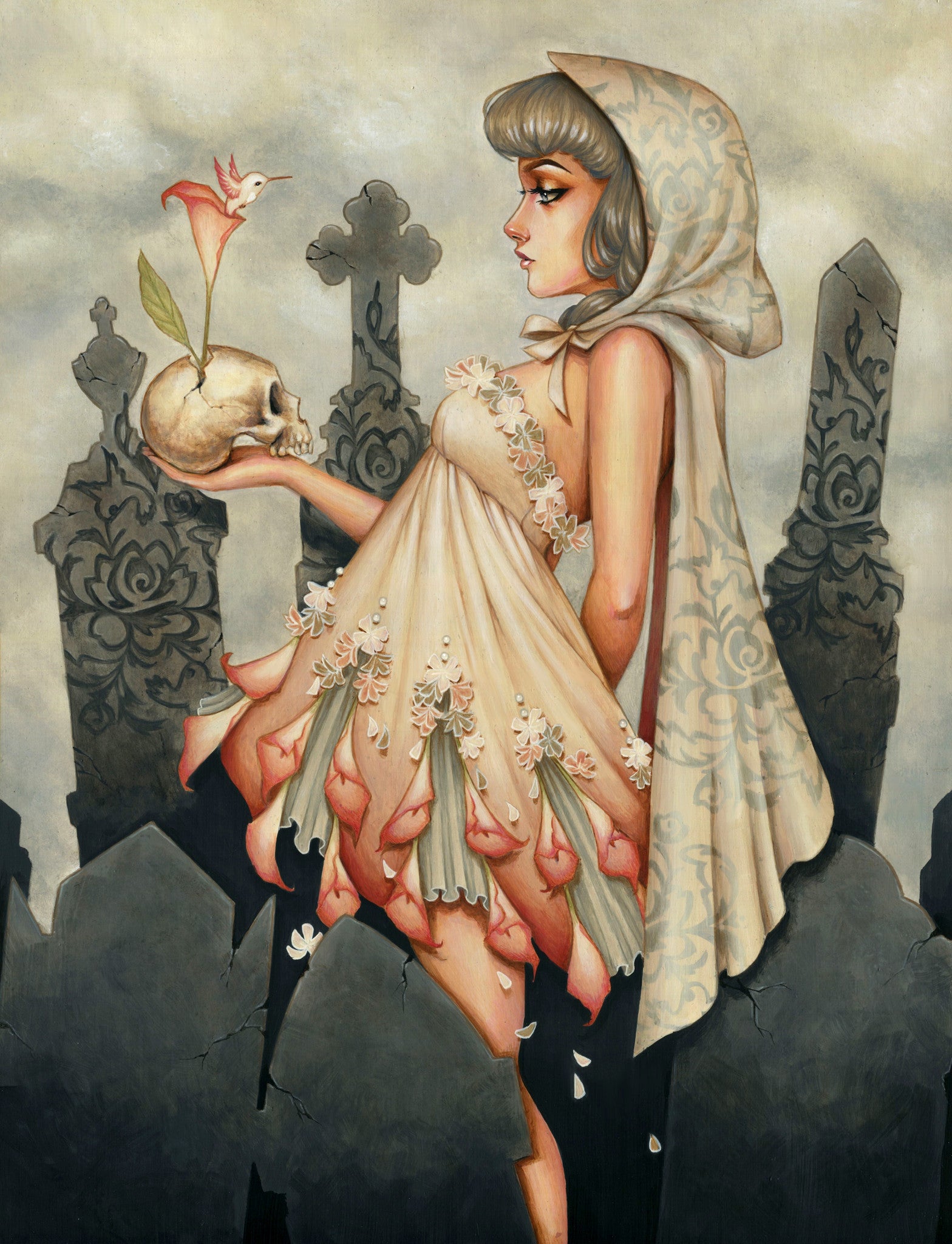 In Glenn Arthurs acrylic on wood for the Supersonic Electronic Invitational, a woman in a floral dress and hood stands under a cloudy sky in a graveyard, holding a skull with a plant atop it, creating an evocative scene amidst dark headstones.