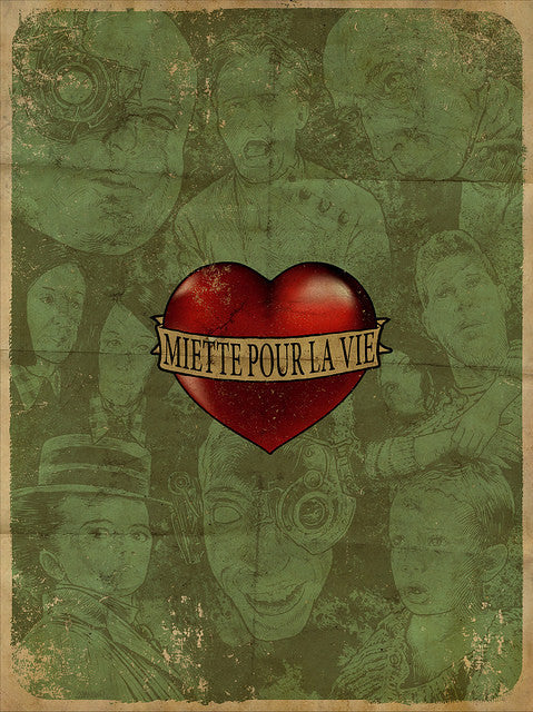 A limited edition artistic poster by Godmachine features a red heart with Miette Pour La Vie surrounded by sketched, textured portraits set against a green vintage-style background.