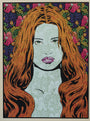A woman with long, wavy orange hair is set against a vibrant floral backdrop, adorned with intricate leaf patterns on her face and bold pink lips. This piece combines modern and traditional styles, reminiscent of Chuck Sperrys gallery works in San Francisco.