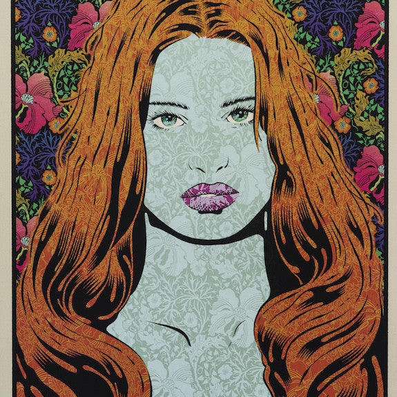 A woman with long, wavy orange hair is set against a vibrant floral backdrop, adorned with intricate leaf patterns on her face and bold pink lips. This piece combines modern and traditional styles, reminiscent of Chuck Sperrys gallery works in San Francisco.