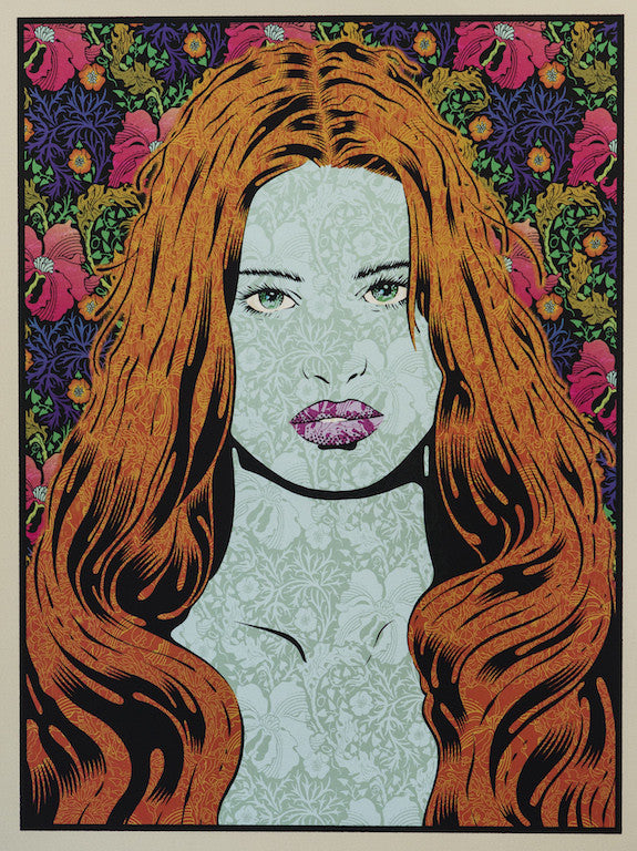 A woman with long, wavy orange hair is set against a vibrant floral backdrop, adorned with intricate leaf patterns on her face and bold pink lips. This piece combines modern and traditional styles, reminiscent of Chuck Sperrys gallery works in San Francisco.