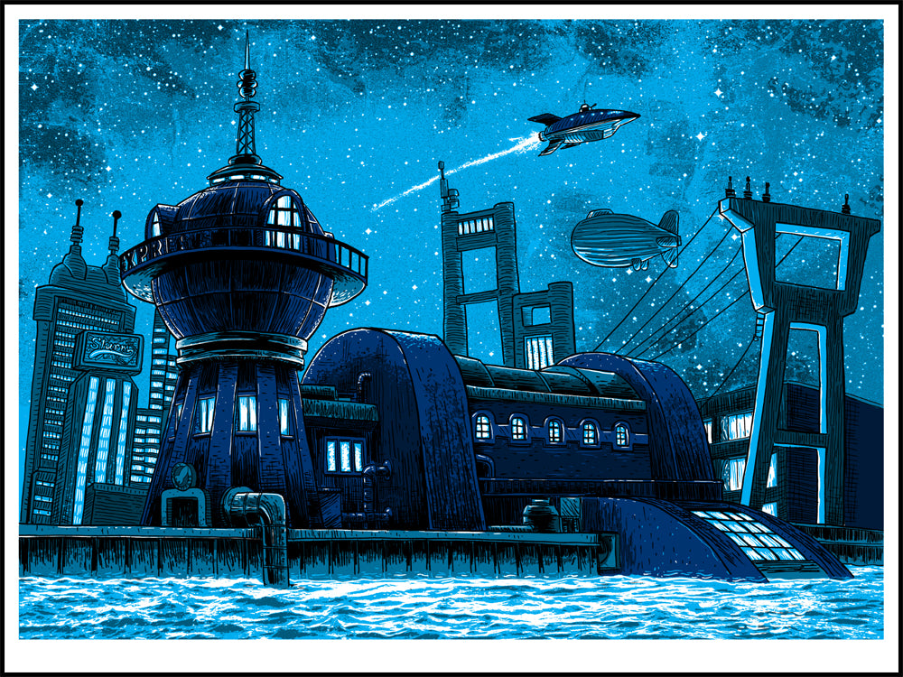 Discover the breathtaking cityscape in Tim Doyles signed, numbered screenprint. Featuring a dome by the water, towering structures, a rocket overhead, and a zeppelin in a starry blue night, this hand-printed artwork is truly awe-inspiring.