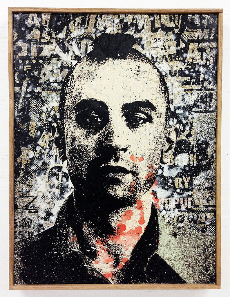Greg Gossels gritty portrait of a man with a shaved head against graffiti exudes a Travis Bickle vibe. The monochrome palette, accented with red, crafts an urban, edgy scene—a fitting centerpiece for a Scorsese art show tribute.