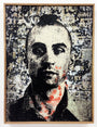 Greg Gossels gritty portrait of a man with a shaved head against graffiti exudes a Travis Bickle vibe. The monochrome palette, accented with red, crafts an urban, edgy scene—a fitting centerpiece for a Scorsese art show tribute.