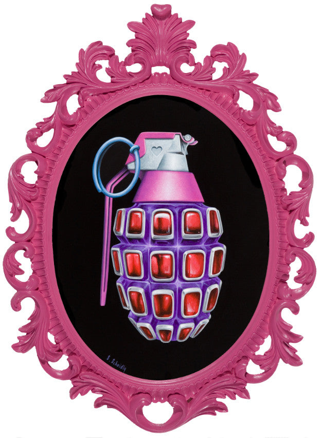 Scott Scheidlys Grenade #2, framed ornately in pink, showcases a jewel-like red segmented grenade painted in pink, purple, and silver against a black backdrop. View this striking artwork at Spoke Art Gallery.
