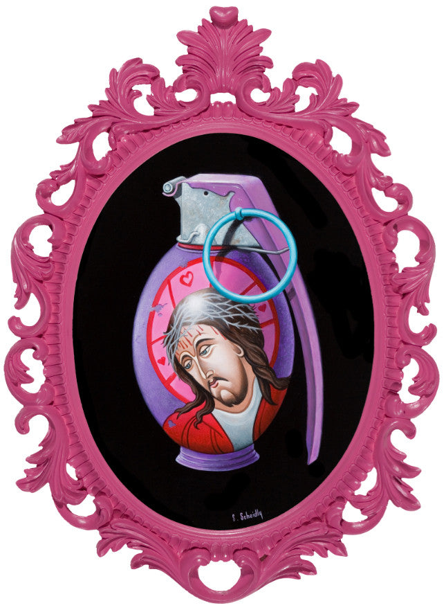 Scott Scheidlys artwork Grenade #3 at Spoke Art Gallery features a pink ornate frame, depicting a purple hand grenade with a thorn-crowned Jesus portrait, hearts, and visible safety pin.