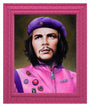 A portrait of a man in a purple star-adorned beret and a pink badge-decorated jacket features an ornate pink frame against a dark background, capturing Scott Scheidlys distinctive style from The Pinks series.