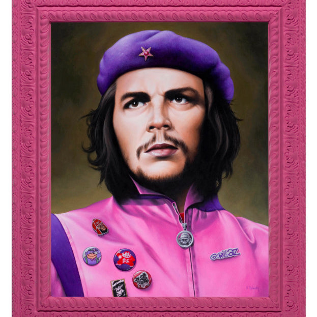A portrait of a man in a purple star-adorned beret and a pink badge-decorated jacket features an ornate pink frame against a dark background, capturing Scott Scheidlys distinctive style from The Pinks series.