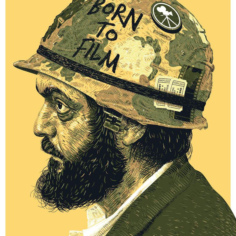 Illustration by Guillaume Morellec: a bearded man in profile wearing a military-style helmet with BORN TO FILM and featuring a film camera icon and reel patch, all set against a vibrant yellow background—ideal for screenprint fans.