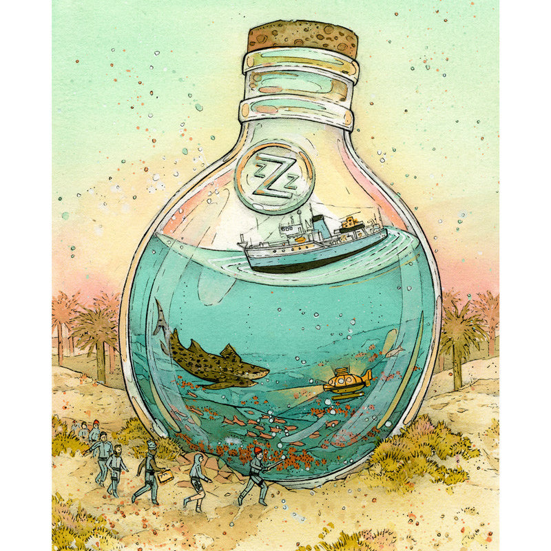 Nicole Gustafssons archival pigment print features a whimsical ocean scene inside a bottle on a beach. A ship floats above a shark with observers nearby, framed by swaying palm trees, and is signed for an authentic touch.