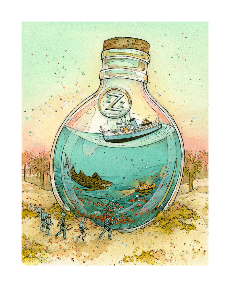 Nicole Gustafssons archival pigment print features a whimsical ocean scene inside a bottle on a beach. A ship floats above a shark with observers nearby, framed by swaying palm trees, and is signed for an authentic touch.
