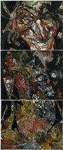 Acrylic triptych by Barron Storey showcases vivid, swirling colors. The top panel features a distorted face, while the middle and bottom panels display chaotic reds, greens, and yellows with sporadic text amidst brushstrokes. Exhibited at San Francisco art fairs.
