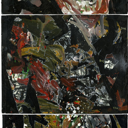 Acrylic triptych by Barron Storey showcases vivid, swirling colors. The top panel features a distorted face, while the middle and bottom panels display chaotic reds, greens, and yellows with sporadic text amidst brushstrokes. Exhibited at San Francisco art fairs.
