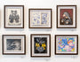 A wall showcases six So Youn Lee custom framed artworks with themes like monochrome figures, abstract designs, a mole, a feathered creature, an oil on Moleskine heart with birds, and a colorful cartoon-style piece featuring animals and stars. Payment plans available for collectors.