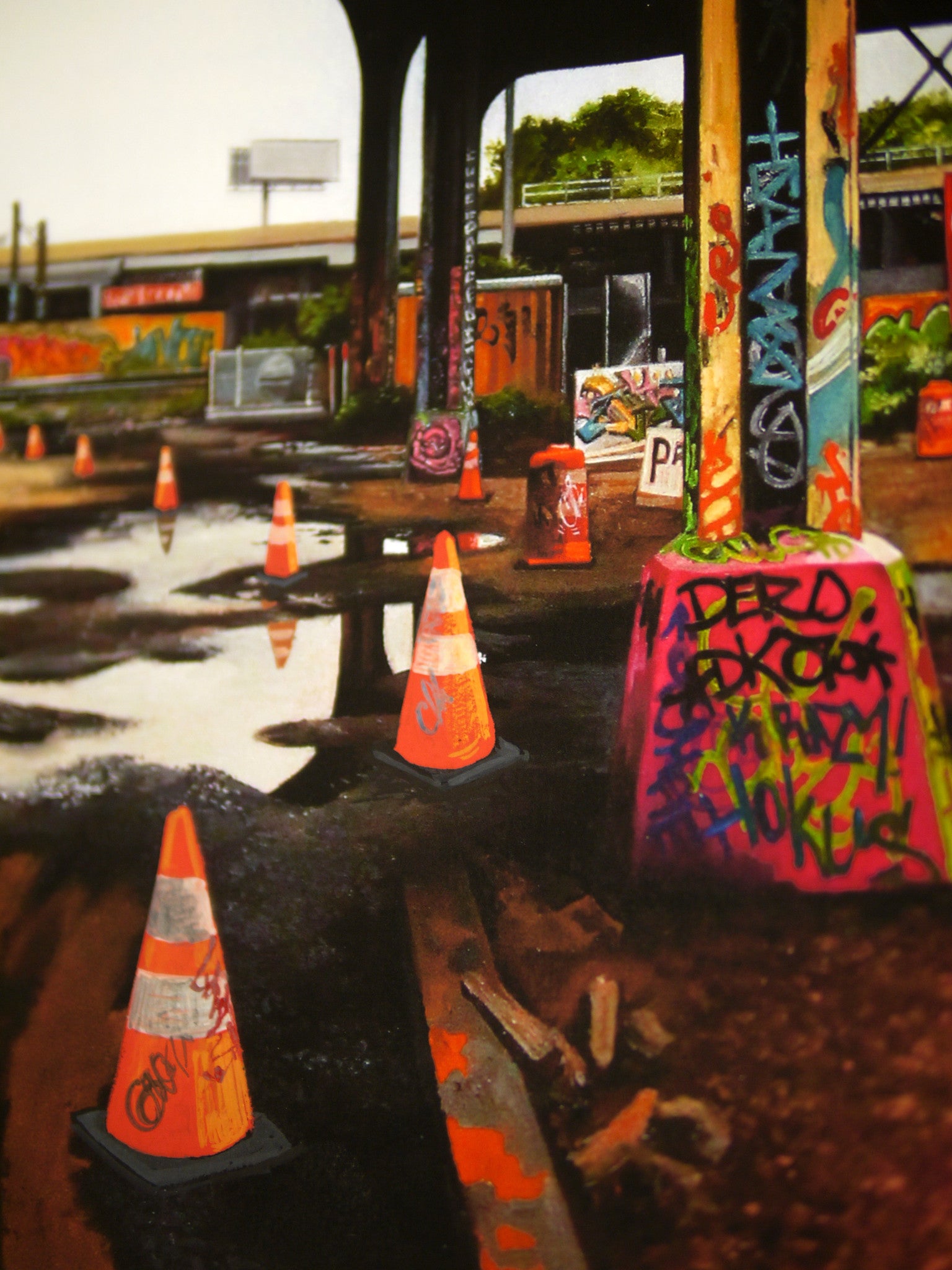 An urban graffiti scene comes alive under a bridge, with traffic cones on the wet ground. Columns and walls display colorful street art with vibrant reflections in puddles, resembling a fine art giclee print by Jessica Hess.