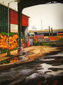 Amid a vibrant street scene with colorful graffiti, a solitary red bicycle rests by a reflective puddle on worn pavement. The urban setting, enhanced by industrial structures and an overpass, feels like a Jessica Hess hand-painted piece brought to life with archival Epson Ultrachrome HDR inks.