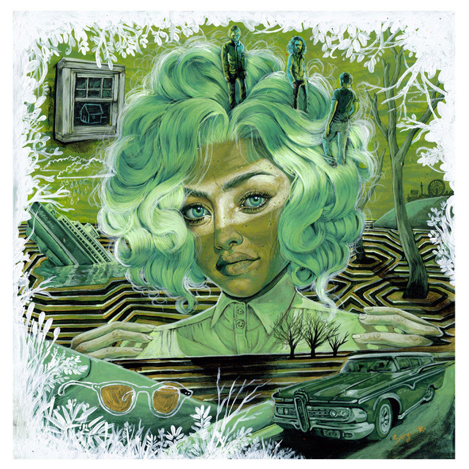 A Serge Gay Jr. surreal artwork depicts a woman with green hair, balancing three figures on her head amidst abstract backgrounds featuring a vintage car, trees, and geometric patterns. Sunglasses and a picture frame enhance the intrigue of this acrylic on paper masterpiece.