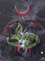 A vibrant abstract painting features a green snake with intricate patterns amid red and white crescent shapes and ethereal designs set against a starry, dark backdrop. The dynamic and mystical composition is reminiscent of Hannah Stouffers art, blending colors and textures seamlessly.