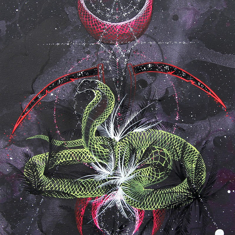 A vibrant abstract painting features a green snake with intricate patterns amid red and white crescent shapes and ethereal designs set against a starry, dark backdrop. The dynamic and mystical composition is reminiscent of Hannah Stouffers art, blending colors and textures seamlessly.