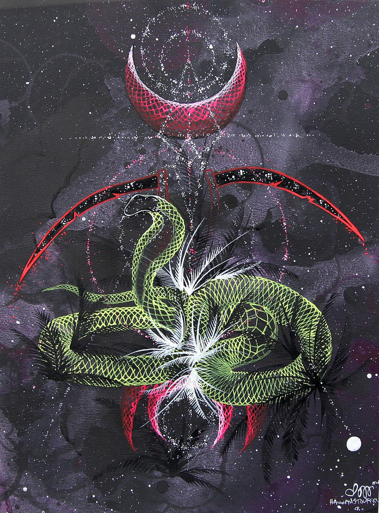 A vibrant abstract painting features a green snake with intricate patterns amid red and white crescent shapes and ethereal designs set against a starry, dark backdrop. The dynamic and mystical composition is reminiscent of Hannah Stouffers art, blending colors and textures seamlessly.
