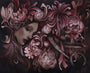 A surreal Craww-style painting shows a womans face partly hidden by swirling pink and red flowers and leaves. Her closed eyes exude peace as intricate florals intertwine around her, enhanced against a dark backdrop, creating vivid colors that appear as if through a veil.