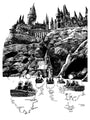 A Tim Doyle pen and ink illustration depicts small boats on a lake approaching a majestic, Hogwarts-like castle nestled in rocky cliffs. The castles tall spires and intricate design are beautifully reflected in the water.
