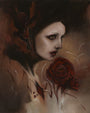 Crawws surreal painting Through the Veil showcases a woman with a pale face, dark eyes, and lips against a shadowy background. Crafted in oil on birch panel, she has an enigmatic expression surrounded by abstract swirling lines and a prominent dark red rose.