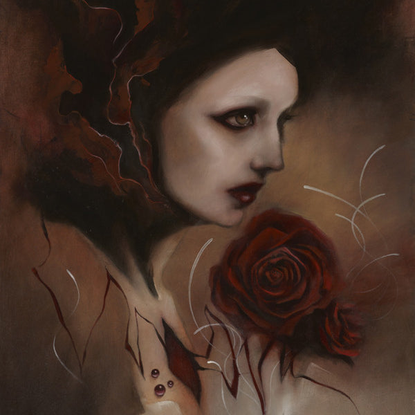 Crawws surreal painting Through the Veil showcases a woman with a pale face, dark eyes, and lips against a shadowy background. Crafted in oil on birch panel, she has an enigmatic expression surrounded by abstract swirling lines and a prominent dark red rose.
