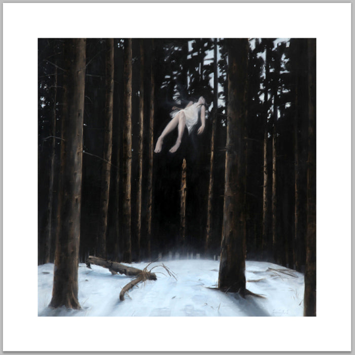 A person floats horizontally in the air in a dense, dark forest filled with tall trees. The snowy ground enhances the ethereal scene, reminiscent of a Henrik Uldalen fine art giclee prints dreamlike quality.