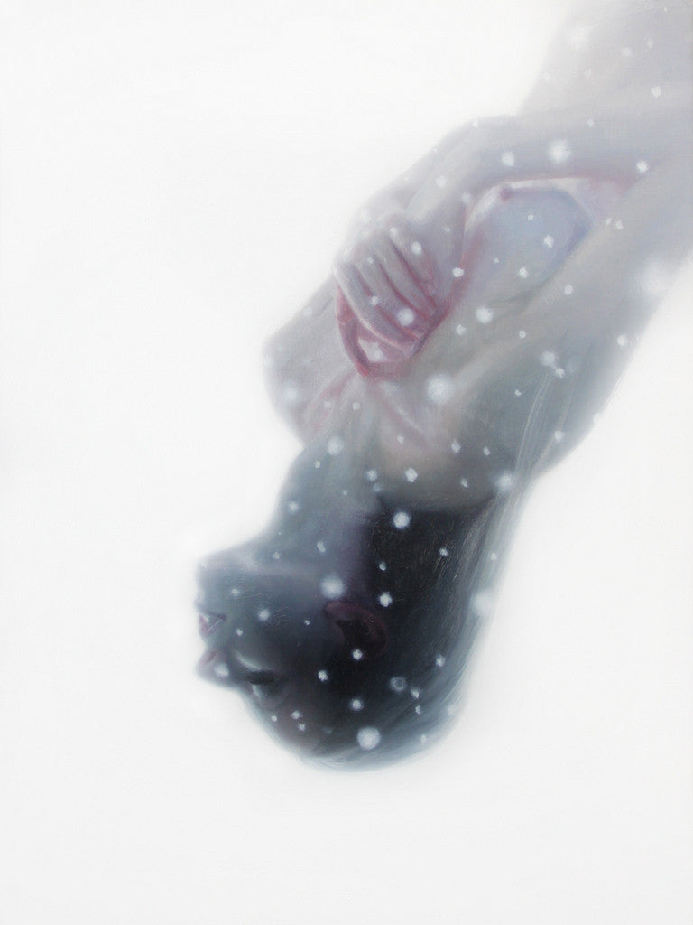 A dark-haired woman smiles serenely underwater, resembling a Henrik Uldalen painting. Her closed eyes and crossed arms enhance the tranquility as light and bubbles form a dreamy white haze around her.