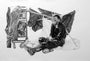 A highly detailed graphite and charcoal artwork by Joel Phillips depicts a contemplative man seated beside a cart of belongings, surrounded by draped fabric, adding emotional depth to the scene.