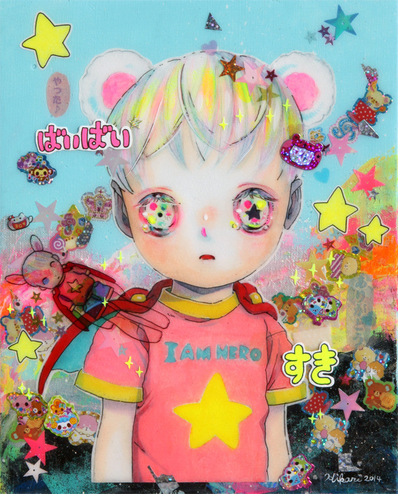 Hikari Shimodas exclusive art sale features a colorful illustration of a child with starry eyes in an I AM HERO shirt, set against a whimsical background filled with vibrant stars and patterns, highlighting her dreamy mixed media artistry.