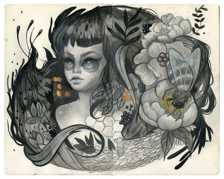 This Tatiana Suarez artwork features an enchanting girl with large eyes surrounded by intricate floral elements, as a honeybee with translucent wings flutters nearby amidst whimsical plants and hexagonal patterns, creating a fantasy-like atmosphere.