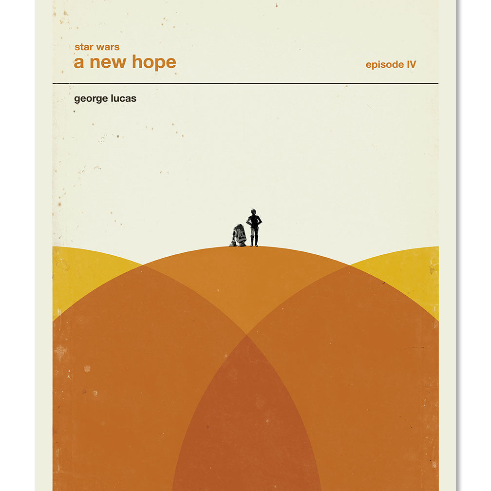This signed open edition Star Wars: A New Hope minimalist poster by Concepcion Studios features silhouetted characters on a hill against a beige sky. The digital print includes episode IV and George Lucas text, with overlapping orange and yellow semicircles.