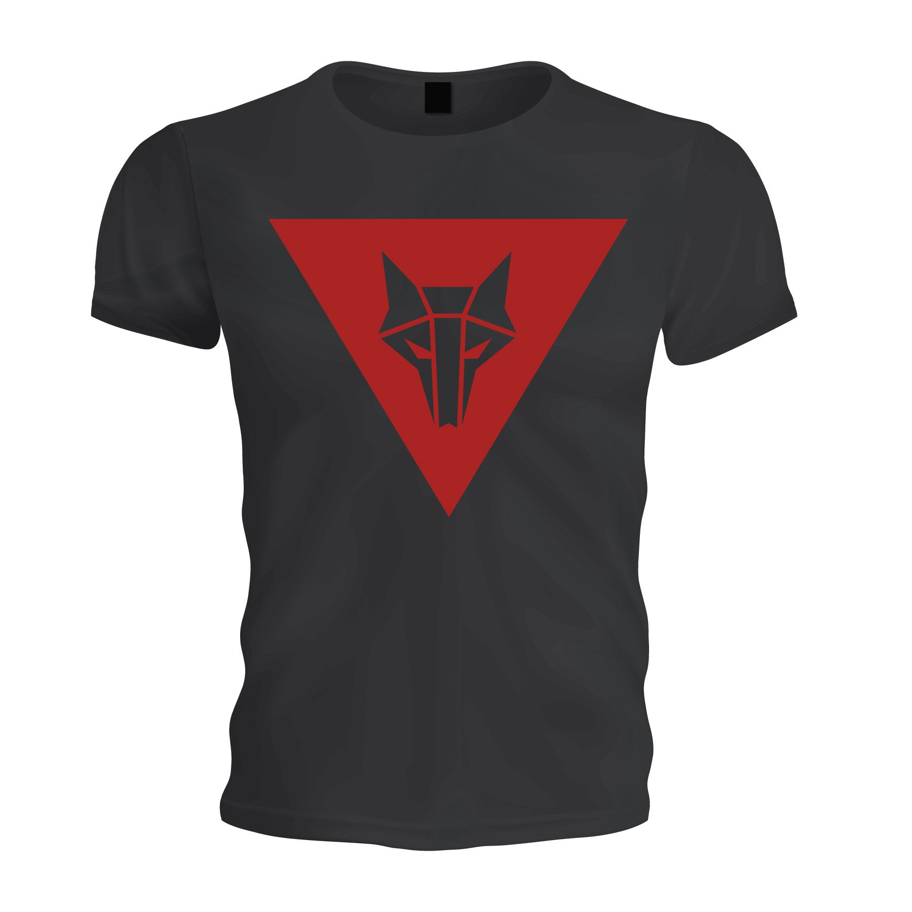 This black Joel Daniel Phillips T-shirt features a red triangular screen-printed design with a stylized wolf head at its center, echoing the Sons of Ares Sigil.