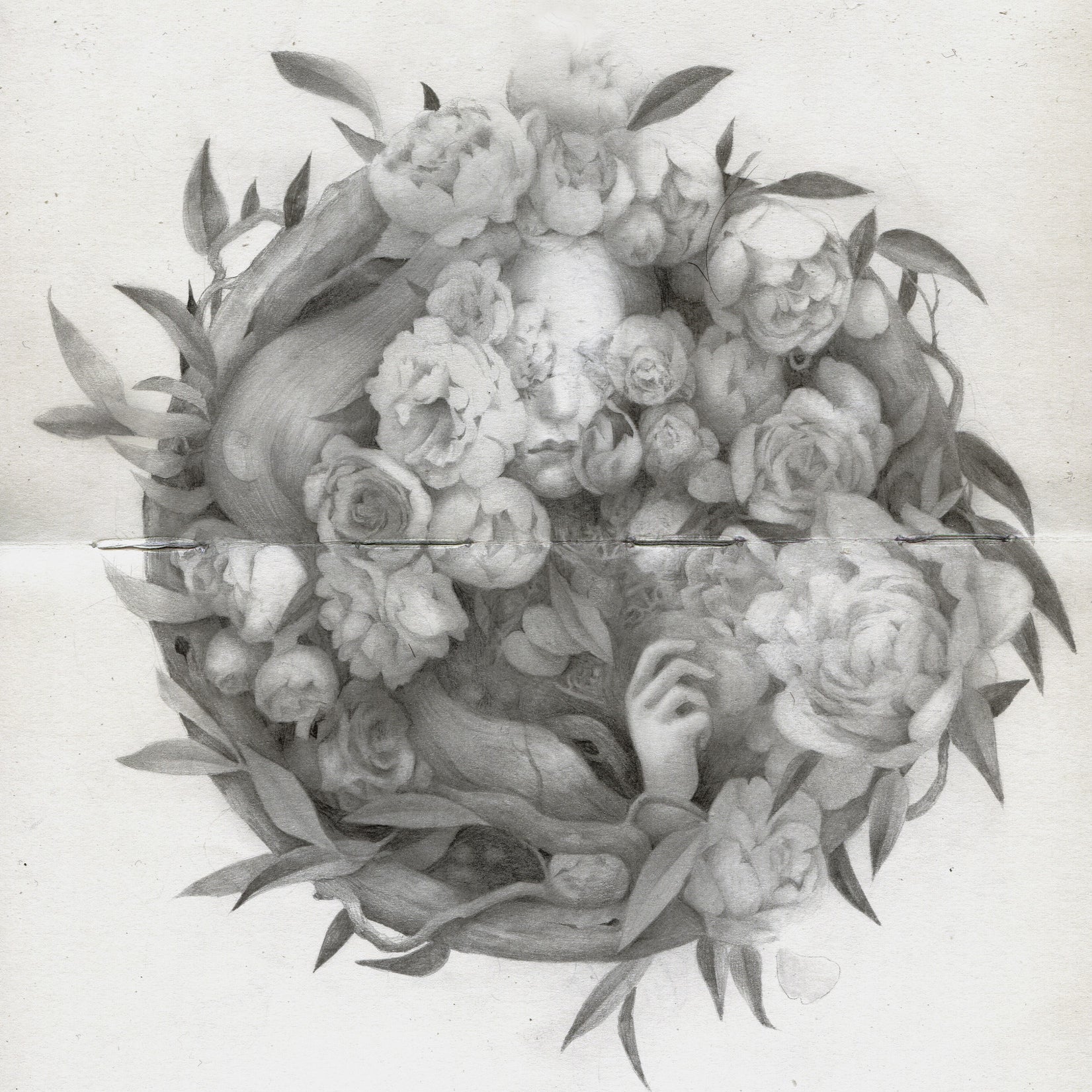 A pencil-drawn monochrome on moleskine features a circular floral pattern with roses and leaves framing a womans face; her hand gently holds a flower. The piece intricately blends nature and humanity in Hsiao Ron Chengs style, with the artists signature at the bottom right.