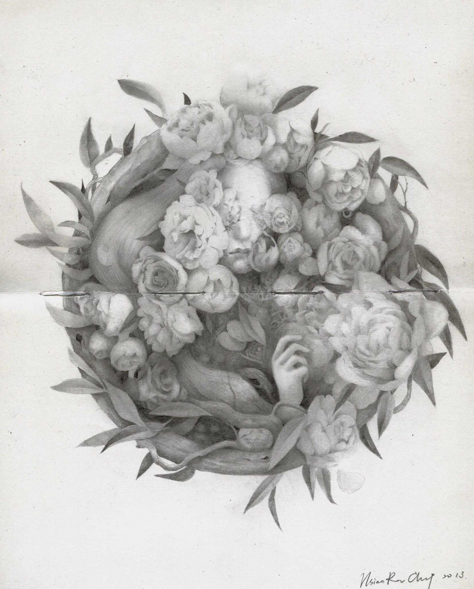 A pencil-drawn monochrome on moleskine features a circular floral pattern with roses and leaves framing a womans face; her hand gently holds a flower. The piece intricately blends nature and humanity in Hsiao Ron Chengs style, with the artists signature at the bottom right.