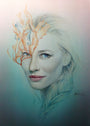 A detailed drawing of a woman with light hair, echoing Bec Winnels style, features a sea-themed illustration. A seahorse and seaweed partially obscure her face, crafted in soft pastel hues with delicate colored pencil touches.