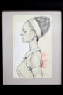 A framed drawing by Allison Reimold, titled Ritual Study, shows a woman in profile. Her intricate hairstyle and decorated headband complement her outfit, with red lines highlighting the shoulders for dramatic contrast against the gray graphite and gouache sketch.