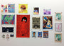 A vibrant wall display showcases Bobs Burgers themed screenprints by Jeffrey Everett / Rockets are Red, with a central piece featuring a character on an orange background, surrounded by scenes and characters from the show in various artistic styles.