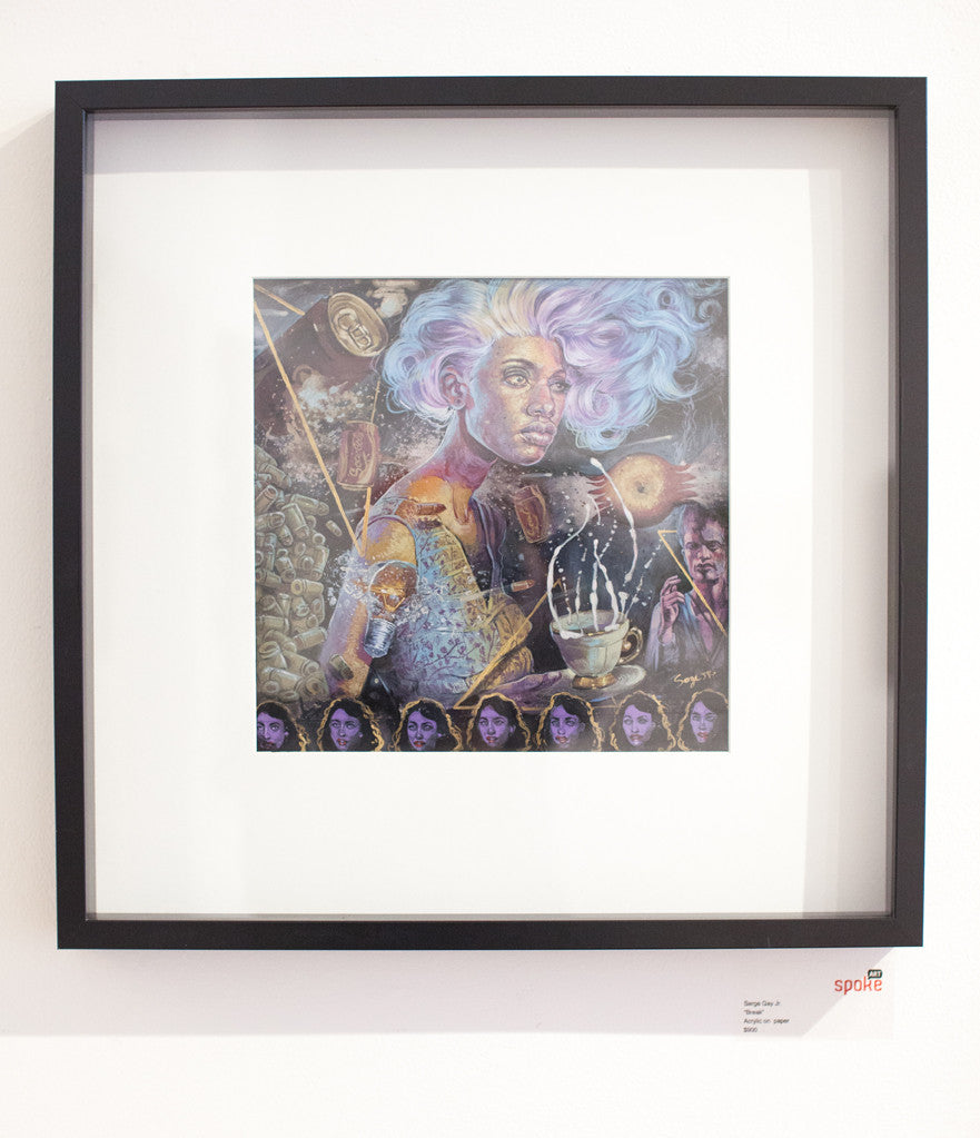 Acrylic on canvas, this vibrant framed artwork by Serge Gay Jr. features a pastel-haired figure with a cup, surrounded by surreal designs and intricate faces, exuding a futuristic vibe.
